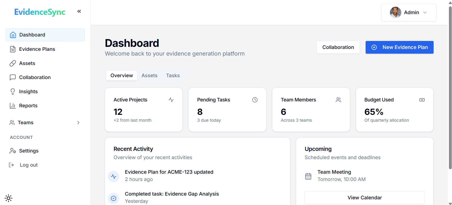 EvidenceSync Dashboard showing active projects, tasks, team members and budget usage