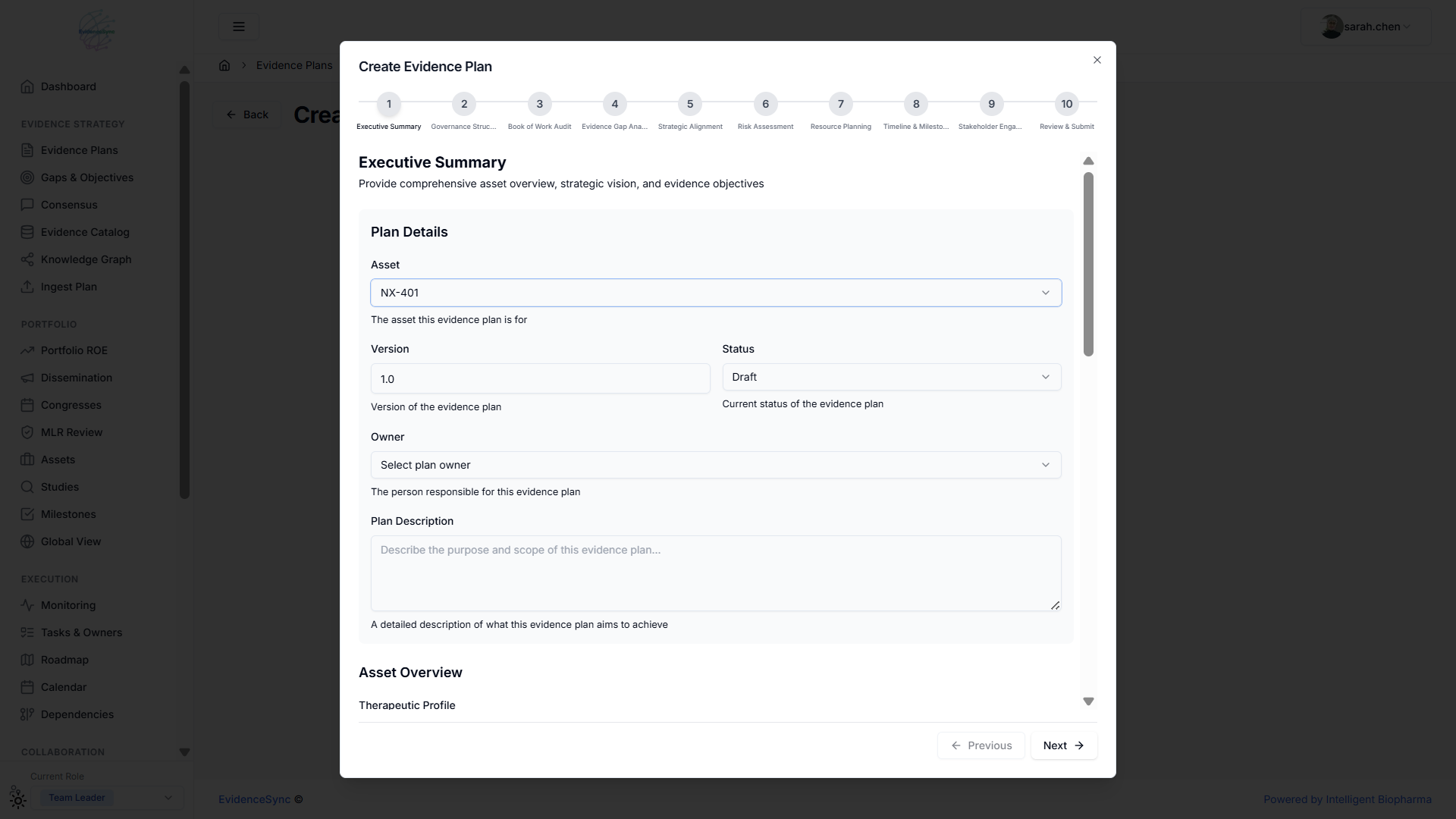 EvidenceSync Create Evidence Plan wizard showing the Executive Summary step with plan details for asset NX-401